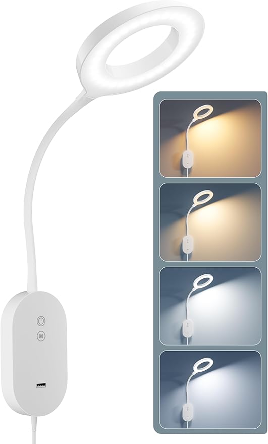 Wall Mounted Reading Light,Bed Headboard Lamp with 10W USB Output Fast, Wall Reading Lamps with 4 Color Modes & 5 Dimmable, Memory Function, 4-Hour Auto Off Ring Light White