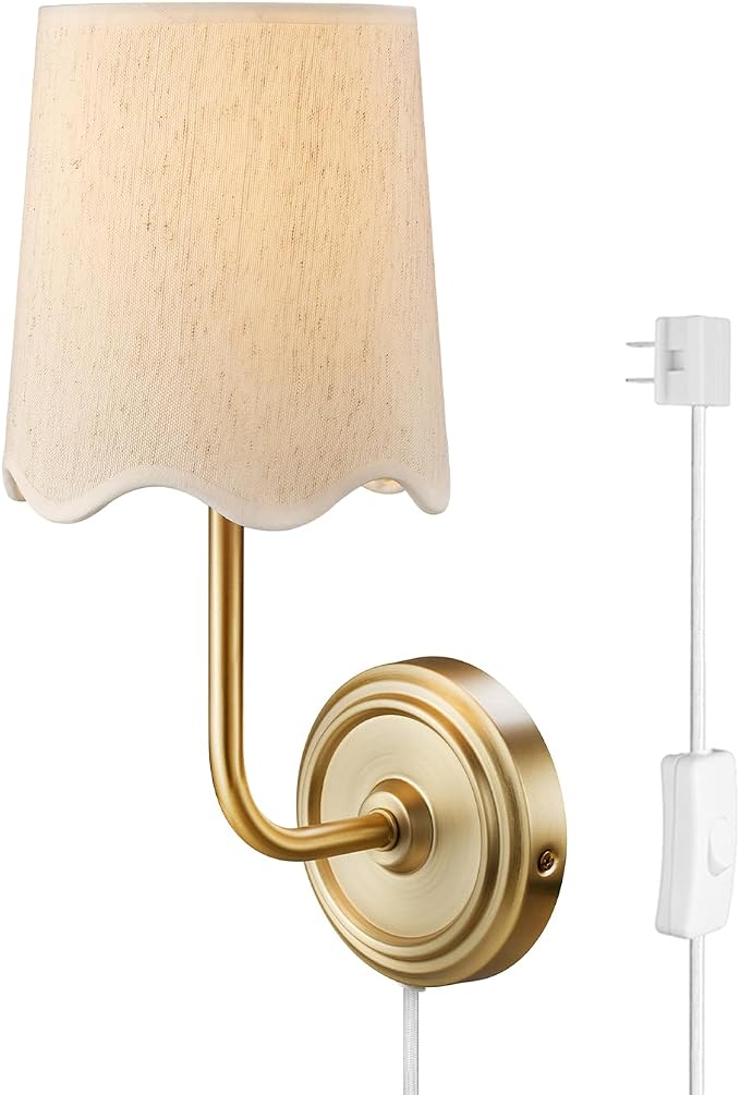Novogratz x Globe 1-Light Hardwire or Plug-in Wall Sconce, Matte Brass, White Fabric Shade, in-Line Rocker Switch, 6 Ft Fabric Cord Included