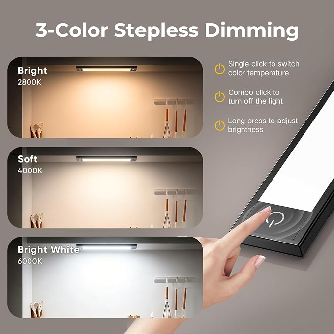 VST 2 Pack Wireless Rechargeable Cabinet Lights Motion Sensor | 3 Color Temperature Dimmable Aluminum Magnetic Night Light with 1800mAh Battery for Kitchen,Closet,Pantry,Hallway,Stair