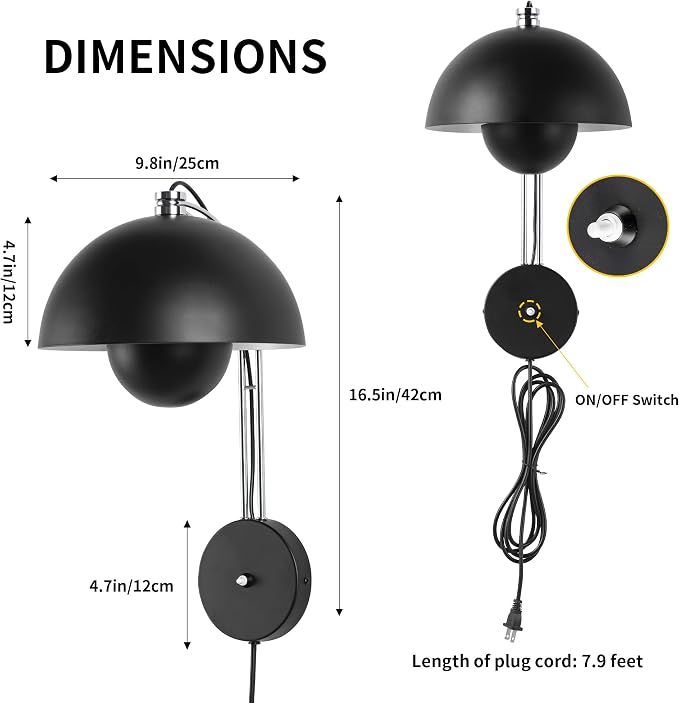 Mid-Century Modern Bud Plug in Wall Sconces for Bedroom, Glossy Black | Indirect lighting reading wall lamp, all-metal construction, plug-in or hardwired install, fits bedroom bedside, living room