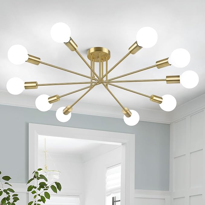 Flush Mount Ceiling Light Fixture, 10-Light Modern Gold Sputnik Chandelier | Industrial Ceiling Lamp for Kitchen Dining Room Living Room Bedroom Foyer