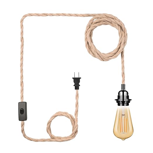 Plug in Pendant Light Cord, Industrial Hanging Light Kit with 15FT Hemp Rope, E26 E27 Light Socket for Hanging Lamp Kit, Hanging Light Cord with On/Off Switch, Bulb Not Included