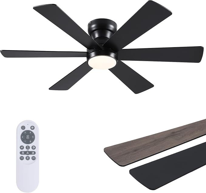 Asyko 46"Black 6-Blade Modern Low Profile Ceiling Fan with Light and Remote | 6 Double-Sided Blades,6 Wind Speeds, Reversible,Dimmable 3 CCT LED Light, 25W Quiet DC Motor,1/2H Timer,for Bedroom Kitchen