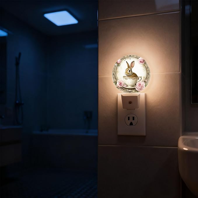 Mugod Rabbit Plug-in Nightlights Vintage Teacup Bunny and Roses Night Light Plug into Wall with Dusk-to-Dawn Sensor LED Lighting 0.5W Sleep-Friendly