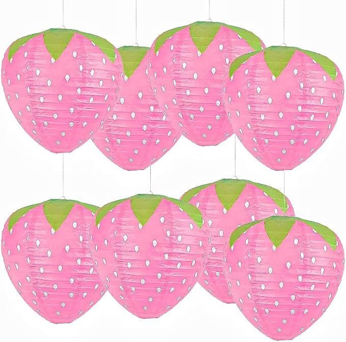 8PCS Strawberry Paper Lanterns, Strawberry Hanging Paper Lantern Decorations Strawberry Decoration Hanging for Room Birthday Party Wedding Garden Decor - 8 Inch Pink
