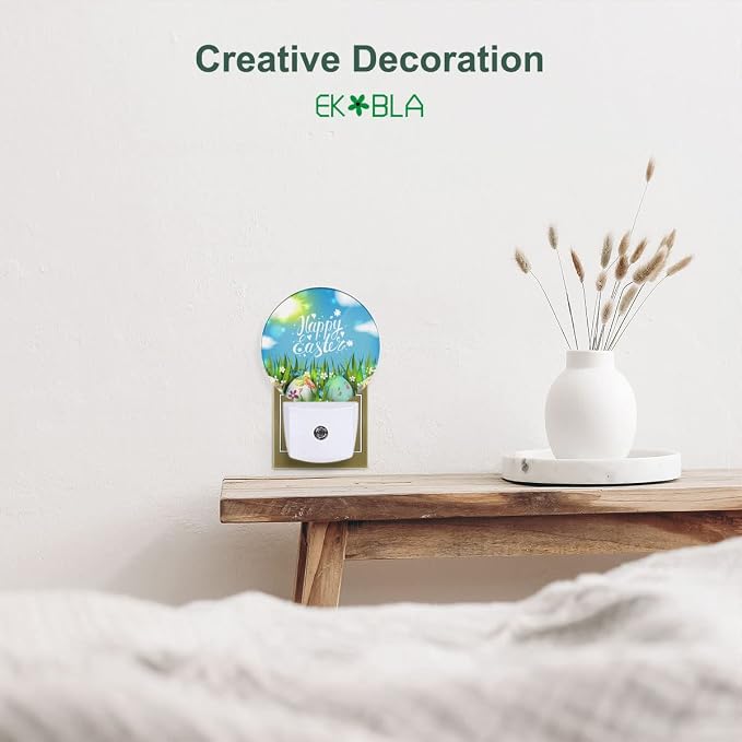 EKOBLA Easter Night Light, Colorful Egg on Green Grass Night Lights Plug Into Wall with Auto Sensor for All Ages
