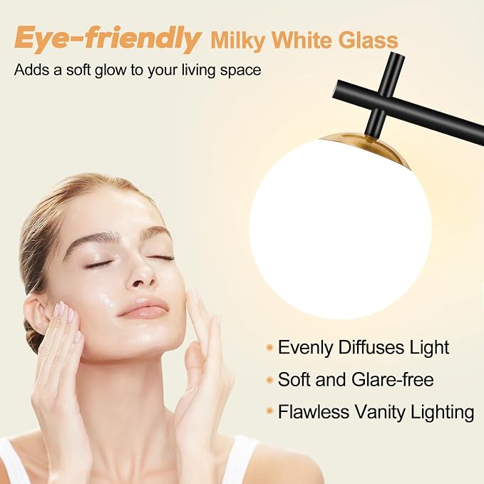 3-Light Bathroom Light Fixtures, Black and Gold Vanity Lights for Bathroom with Milky White Glass Shade, 18.9 inch Bathroom Lighting Fixtures Over Mirror, Compatible with G9 Bulbs (Bulb Not Included)