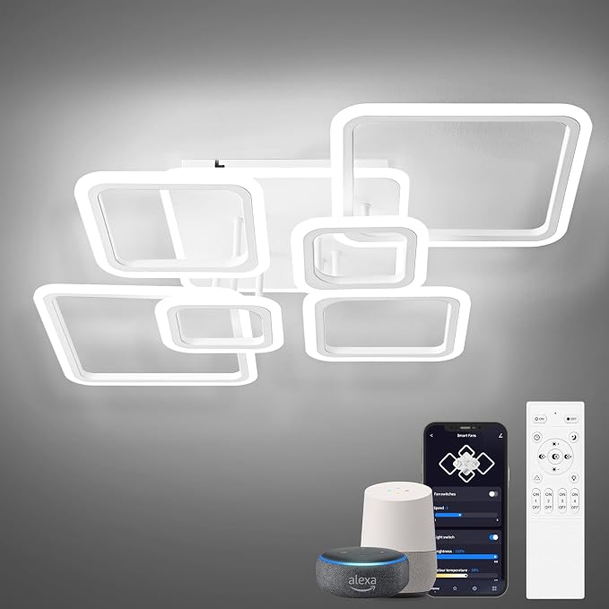 Smart LED Ceiling Light, 36.2″ Square Flush Mount Fixture, 6+1 Ring Modern Design, 130W Dimmable Acrylic Light with Remote, WiFi Alexa & App Control for Bedroom Living Room Dining Room (White)