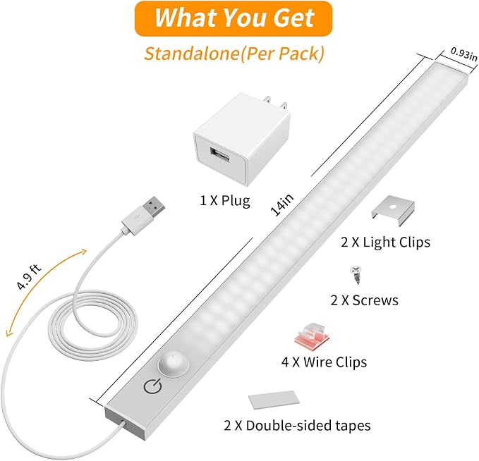 USB Plug-in Motion Sensor Light, Night/Day/ON Modes, Bright&Dimmable | 2-Row LED, 14" Under Cabinet Lighting Indoor for Kitchen, Cabinet, Closet - 6000K Cool White, 1-Bar