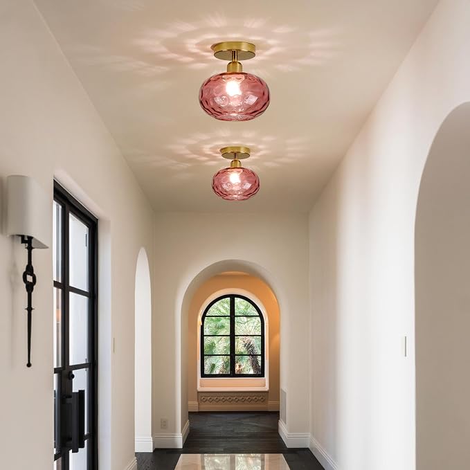 Luafac 7.9″ Vintage Small Red Semi Flush Mount Hallway Ceiling Light,2 Pack | Art Deco Hammered Glass,Whimsical,MCM,Gold Mid Century Light Fixtures for Closet Cottage Entryway Laundry Room Foyer