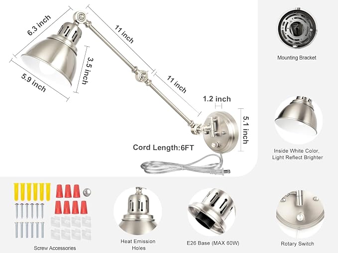 2 Pack Plug in Wall Sconces, Dimmable On Off Switch, Swing Arm Wall Lamps, Wall Sconces Set of Two, Brushed Nickel Metal Industrial, Plug-in or Hardwired (Brushed Nickel, without Bulbs+Remote)