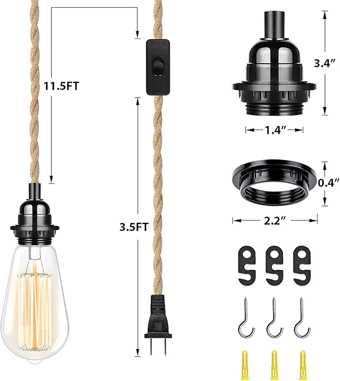 Industrial Hanging Light with Plug in Cord - Hemp Rope On/Off Switch, Farmhouse Pendant Light for Dining Room