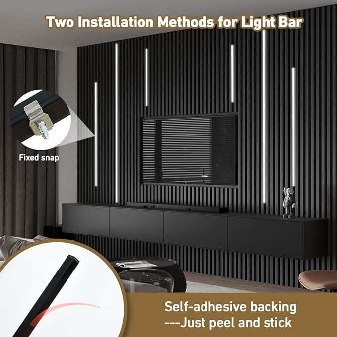 LED Recessed Lighting Kit,6 Pack Self-Adhesive COB LED Light Bar, Cold White 6000K, with Touching Switch, for Wood Slat Wall Panels,Headboards,Home Decor. Black Chanenl,2Pcs*(16in+24in+40in)