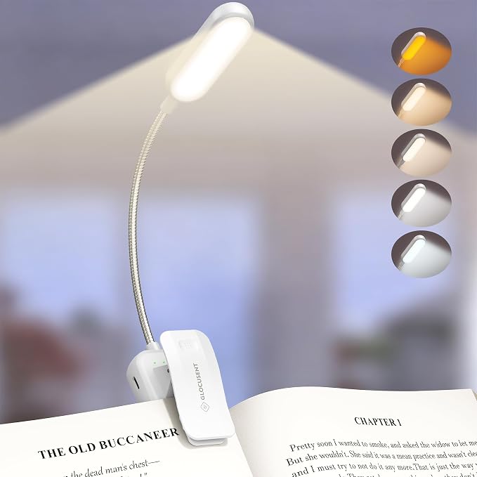 Glocusent 20 LED Reading Lights for Books in Bed, Eye Caring Reading Light | 5 Colors & 5 Brightness 3–100LM Dimmable, 1200mAh Rechargeable Book Light to 90H, Lightweight Clip on Light for Book Lovers