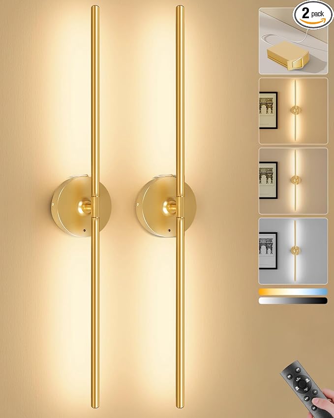 Battery Operated Wall Sconces Set of 2, 8000mAh Wireless Rechargeable 3000-6000K Dimmable 350° Rotate Wall Light with Remote for Living Room, Bedroom 31.6in Gold