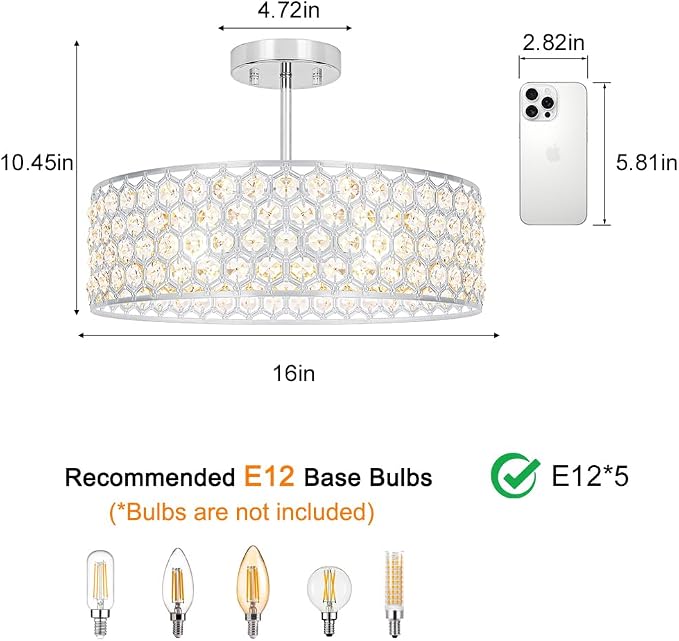 Lxybcce Chrome Crystal Ceiling Light Fixture - Modern Semi Flush Mount Ceiling Chandelier Lighting for Kitchen, Dazzling Prism Chandelier for Bedroom, Bathroom, Dining Room, 5 Light, 16 in