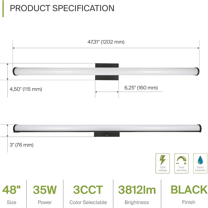 ASD 48" LED Linear Vanity Light Fixture, Modern Bathroom Sconce — 3 Color 3000K-5000K, Dimmable, 35W 3800LM, Energy Star & ETL Listed — Over Mirror Makeup Slim Bar for Bedroom, Cabinets — Black