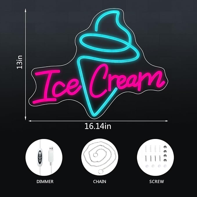 Ice Cream Neon Sign USB Dimmable Letter Light for Store Cafe Shop Decor | Adjustable Brightness Ice Cream Light Up Sign for Business Office Bedroom Restaurant Drink Shop Wall Decoration