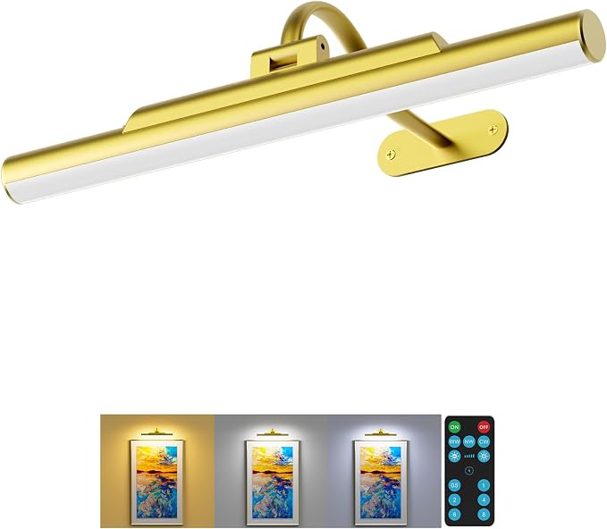 Picture Light for Wall Battery Powered Wireless 13in Gold | 4400mAh Rechargeable,CRI 95+ Dimmable,3 CCT Remote Wall Sconce, 250° Rotatable, Art Light for Paintings Photos Dartboard
