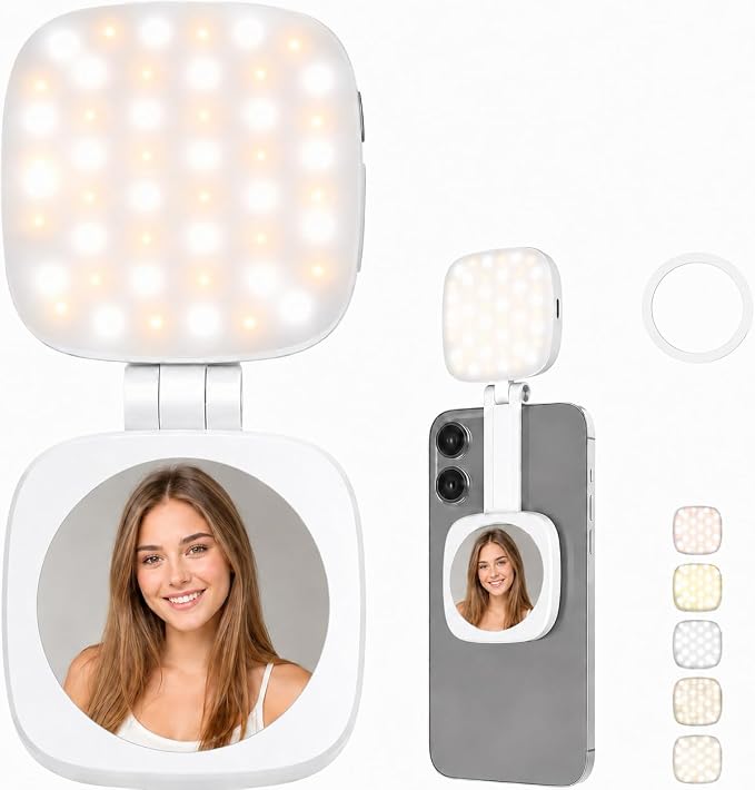 Magnetic Selfie Light Compatible with MagSafe, Foldable LED Phone Light with Mirror, 48 LEDs 5 Color Modes & 5 Brightness Levels, 360° Rotating Fill Light for Selfies, Makeup, TikTok, Zoom