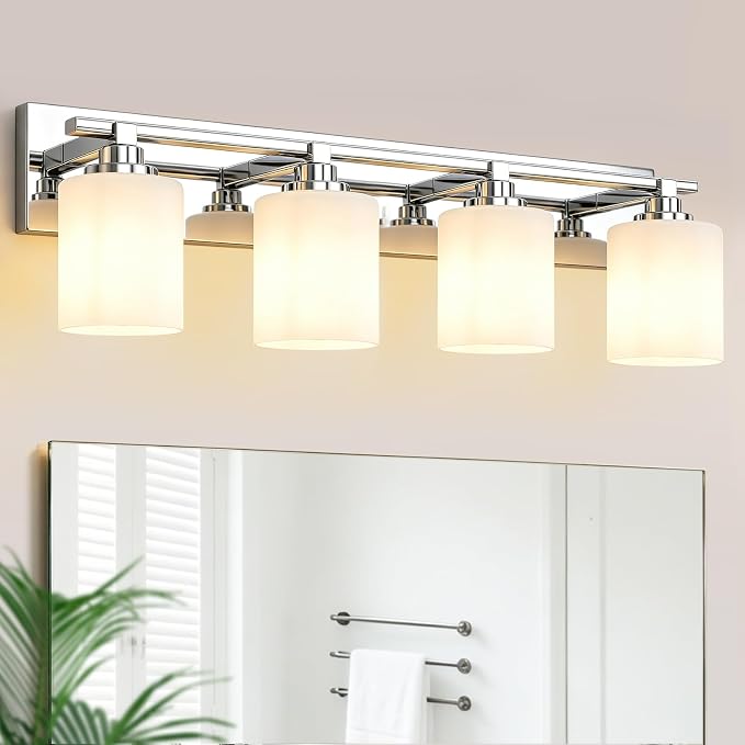 Modern Bathroom Lighting Fixtures Over Mirror, Vanity Lights for Bathroom, Wall Sconces with Milky White Glass Shades, E26 Ceramic Socket, 4-Light 27.5-inch Chrome