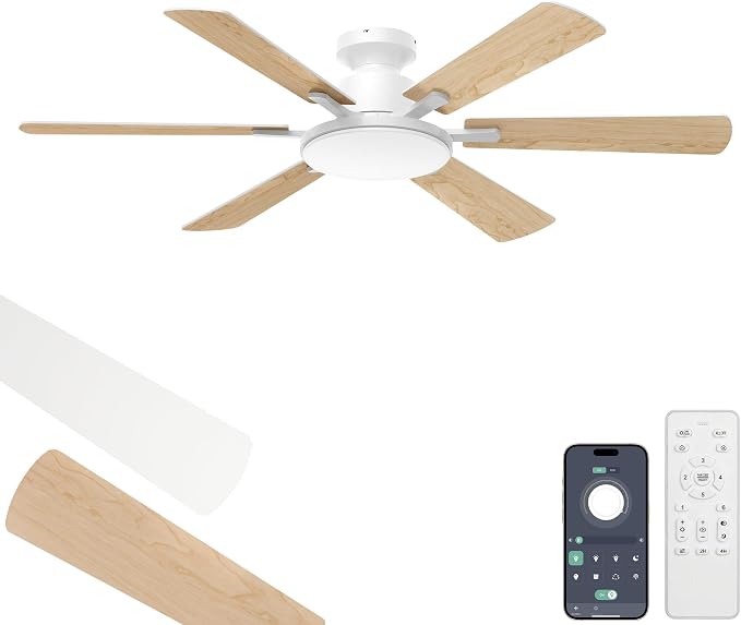 52'' Flush Mount Ceiling Fans with Lights for Living Room, White | 6 Blades, 6 Speeds, MAX 5600 CFM, Remote&APP Control, 3CCT Dimmable LED, All Metal Body, Memory Function, Reversible DC Motor