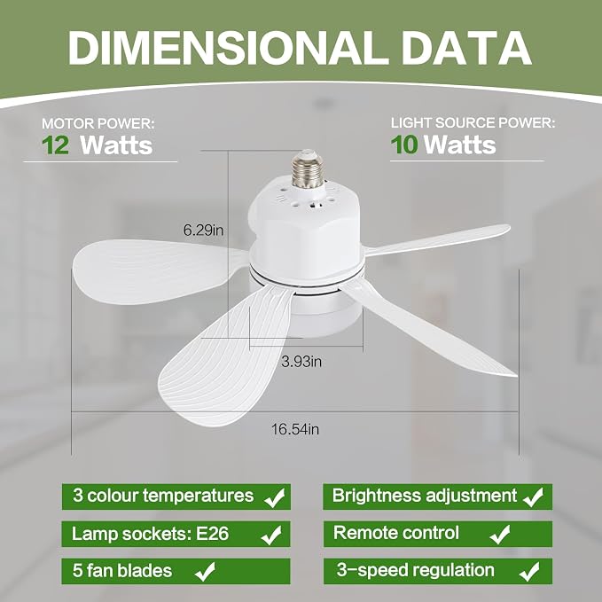 Socket Fan Light with Remote Control, Portable Small Ceiling Fan with Lights for Bedroom, Kitchen, Living Room, with Dimming Function, 1000 Lumens, Screws into E26/E27, 16.54 Inches Diameter