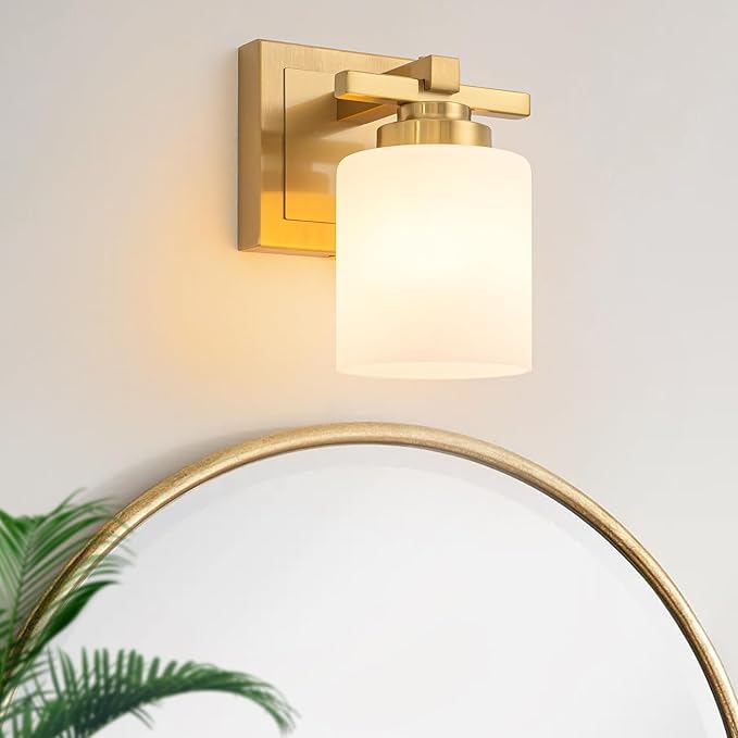 Modern Bathroom Light Fixtures Over Mirror, Vanity Lights for Bathroom Wall Sconces with Milky White Glass Shades, E26 Socket (Bulbs Not Included), 1 Light, Brass