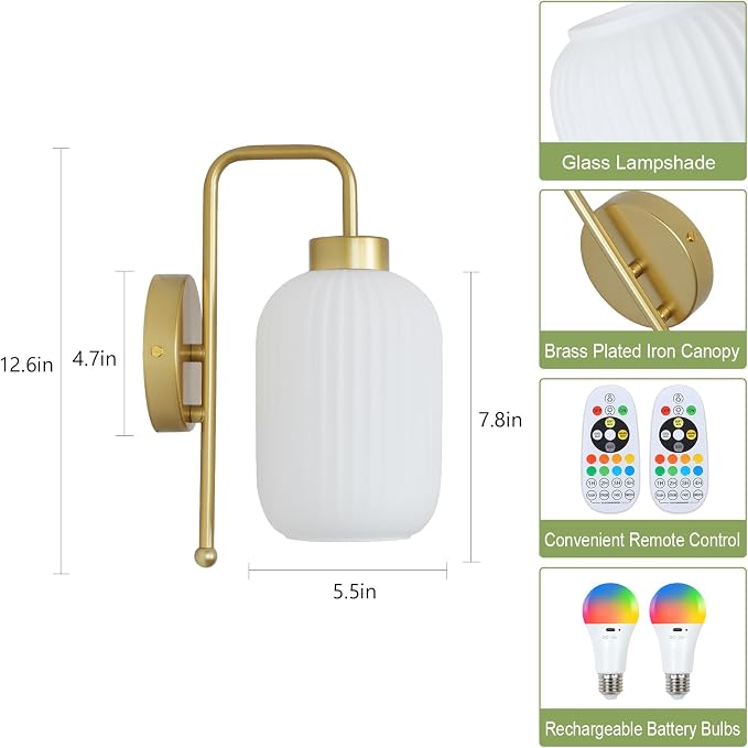 LAMSU Vintage Battery Operated Wall Sconces Set of 2, Wireless Wall Lights with Cream Glass Shade, Remote and Color Temperature Bulb, Gold Rechargeable Cordless Wall Lamps for Bedroom Living Room
