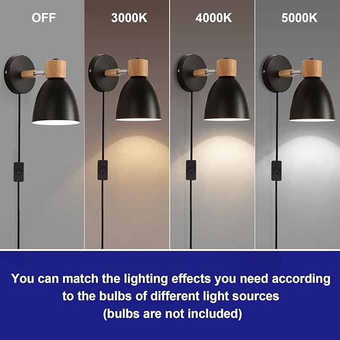 Wall Sconces Plug in, Swing Arm Wall Lamp with Power Cord, Black Plug in Wall Lighting Fixtures Set of Two, Bedside Wall Mounted Reading Lamp with Switch, for Bedside Bedroom Hallway