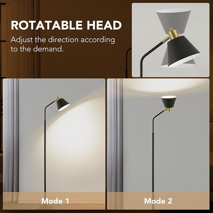 65.3" Floor Lamps for Living Room, Black Floor Lamp for Bedroom, Dual-Base Industrial Standing Lamp, Adjustable-Head Corner Lamp, Modern Tall Lamp, Living Room Light, Bulb Included, Black