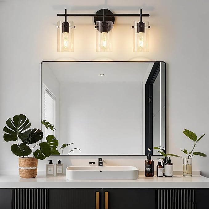 Bathroom Light Fixtures, 3-Light Matte Black Vanity Light, Black Bathroom Lights Over Mirror with Clear Glass Shade, Wall Sconces for Mirror Bedroom Living Room Hallway