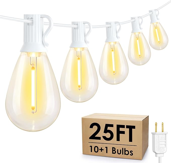 25FT LED Outdoor Patio String Lights, 10+1 Edison S11 Bulbs, White | Plug in, Dimmer not included, Dimmable, Waterproof, Shatterproof, Connectable Hanging Lights for Patio Wedding Outside Decor