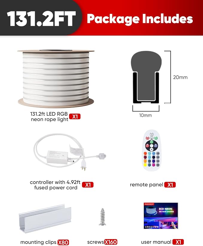 LED RGB Neon Rope Lights AC 120V, Expandable & Cuttable Bright Strip Lighting with Remote, Dimmable Color Changing, ETL Cold-Resistant & IP65 Waterproof for in&Outdoor, 10x20mm, 131.2FT