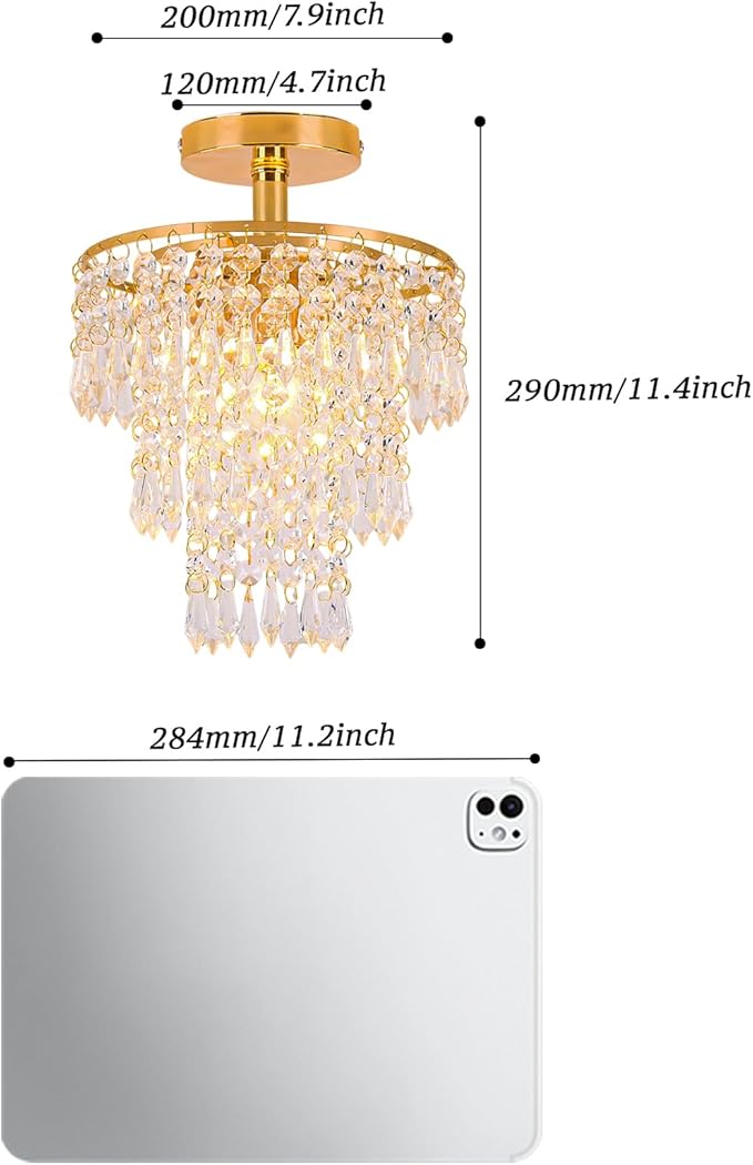 FRIXCHUR Mini Size Crystal Chandelier Modern Flush Mount Ceiling Light 3 Tiers Raindrops Crystal Pendant Lighting Fixture Decoration for Bedroom Hallway Living Room,E26 Base,Gold