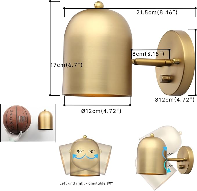 Modern Dimmable Wall Sconce Hardwired | Brass Finish Wall Light Lamp Adjust Light Head, E26 Bulb Base Reading Wall Lighting Decor for Living Room Bedroom Hallway