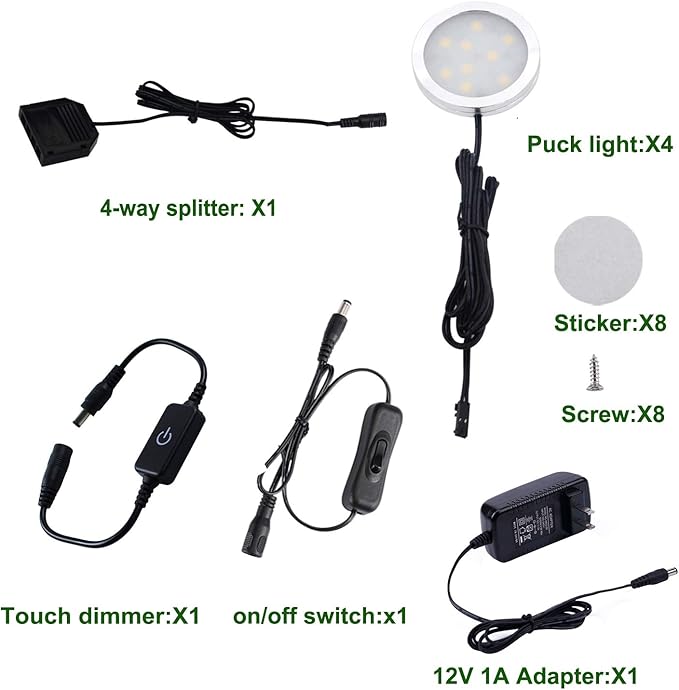AIBOO Under Cabinet LED Puck Lights Kit with Touch Dimming Switch for Ambiance Atmosphere Night Lighting (4 Lights,Daylight White)