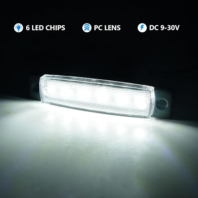 12V 24V Led White Light Thin 6LEDs Waterproof for Car Truck RV Camper Trailer Interior Dome Light, Foot Well, Under Dash, Glove Box, Trunk, RV Step, Truck Bed, 2 Packs