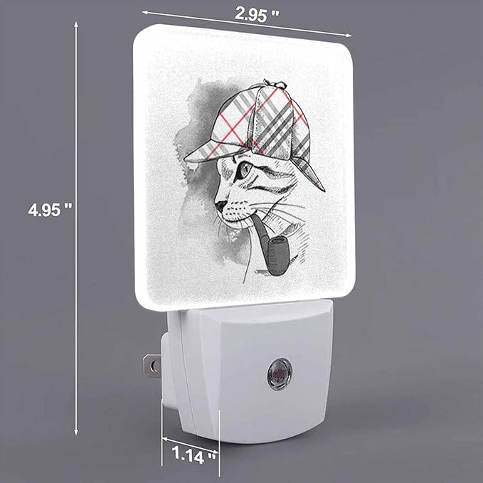 LED Night Light,Cat Checkered Deerstalker Pipe LED Night Light Plug into Wall with Dusk to Dawn Light Sensor White Energy Efficient Nightlight for Bedroom Bathroom Hallway Living Room Kitchen