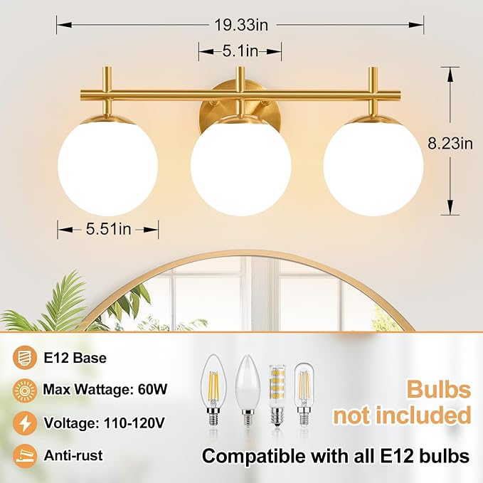 3-Light Bathroom Light Fixtures, Brushed Gold Vanity Lights for Bathroom with Milky White Glass Globe Shade, 19.3 inch Bathroom Lighting Fixtures Over Mirror, Wall Sconce for Bedroom(Bulb Not Included