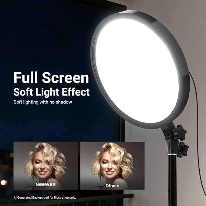 NEEWER Basics 13" 45W Large Ring Light with 66" Stand, 3000K-6500K CRI95+ Full Screen LED Panel Lighting with Phone Holder/Remote for Video Recording Selfie Streaming Makeup Studio Photography, BR45B