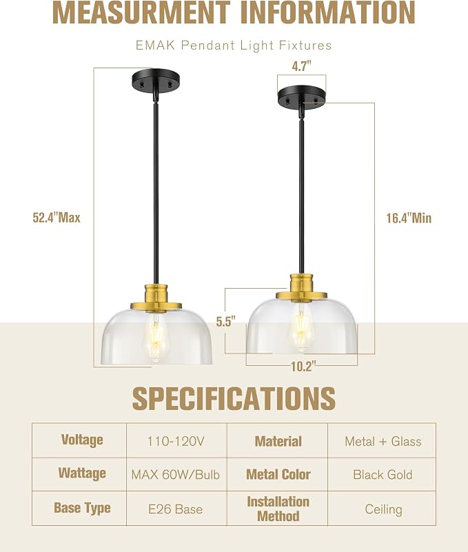 Emak Black and Gold Pendant Lights, 10 Inch Large Pendant Light Fixtures with Clear Glass Shade, Modern Farmhouse Island Lights for Kitchen, Dining Room, Bathroom, Bar, PL131-BKBGD-CG