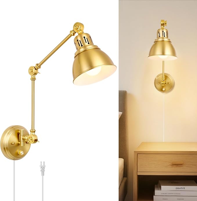 1 Pack Plug in Wall Sconce, Dimmable On Off Switch, Swing Arm Wall Lamp, Gold Metal Industrial, Plug in Wall Light (Gold, Without Bulb+Remote)