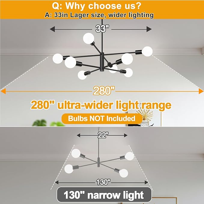 Sputnik Chandeliers Dining Room Light Fixture (8-Light, 30-Inch), Modern Black Chandelier, Height Adjustable Mid Century Modern Chandeliers for Dining Room Kitchen Island (Bulbs Not Included)