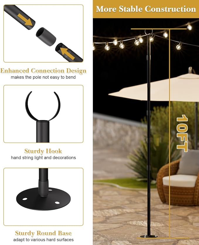 10Ft String Light Poles for Hard Surfaces, Outdoor Light Stand for Backyard, Garden & Patio Party Lighting, Heavy-Duty Metal Poles with Waterproof Finish, Rustproof & Adjustable