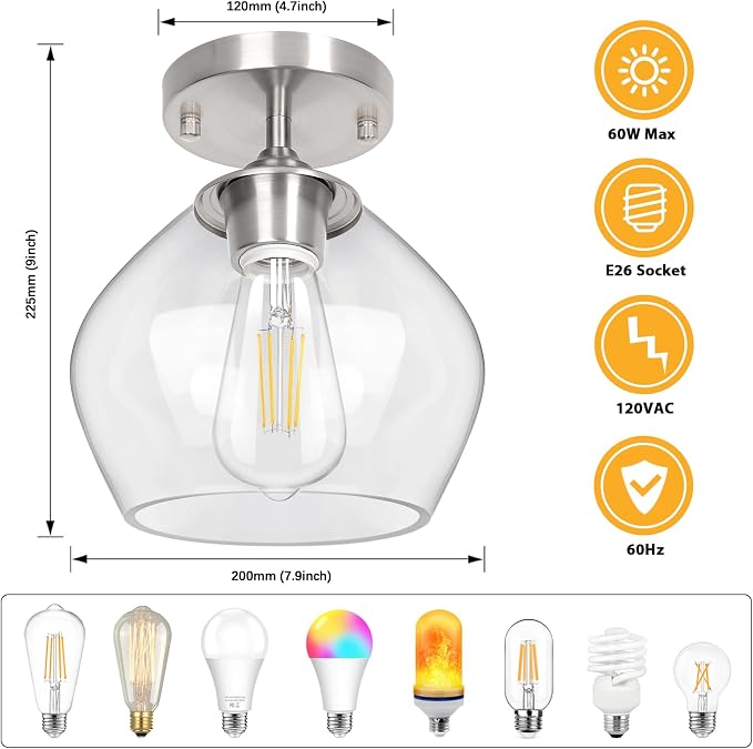 Modern Semi Flush Mount Ceiling Light Fixture, Brushed Nickel | Clear Glass Shade, Quick & Easy Installation, Premium Quality, Perfect for Hallway Kitchen Entryway Laundry