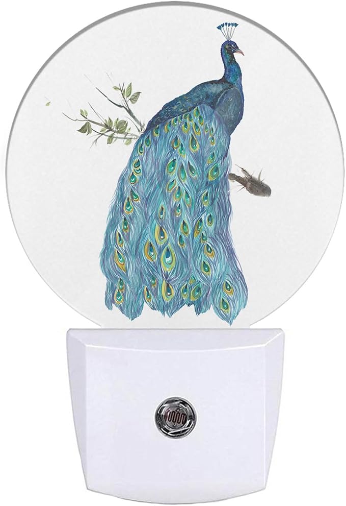 EKOBLA Peacock Night Light, Watercolor Peacock Feather Teal Night Lights Plug Into Wall with Auto Sensor, 0.5W Sleep Friendly