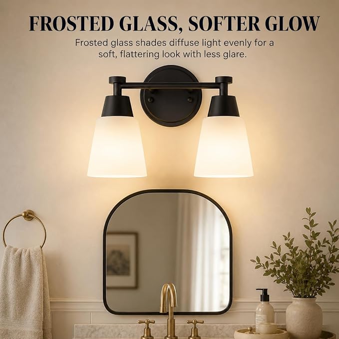 Bathroom Vanity Light, 2 Light Modern Matte Black Stainless Steel Over Mirror Vanity Light Fixture with Frosted Glass, Wall Sconces Lighting for Bedroom Living Room