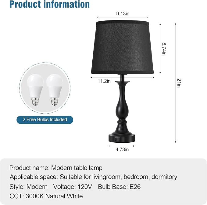 Bedside Table Lamp Touch Control Bedroom Lamps with USB A + C Charging Port 3 Way Dimmable Touch Lamps for Nightstand Living Room Bedroom Dorm Home Office Reading, Set of 2 (Black Shade & Black Base)