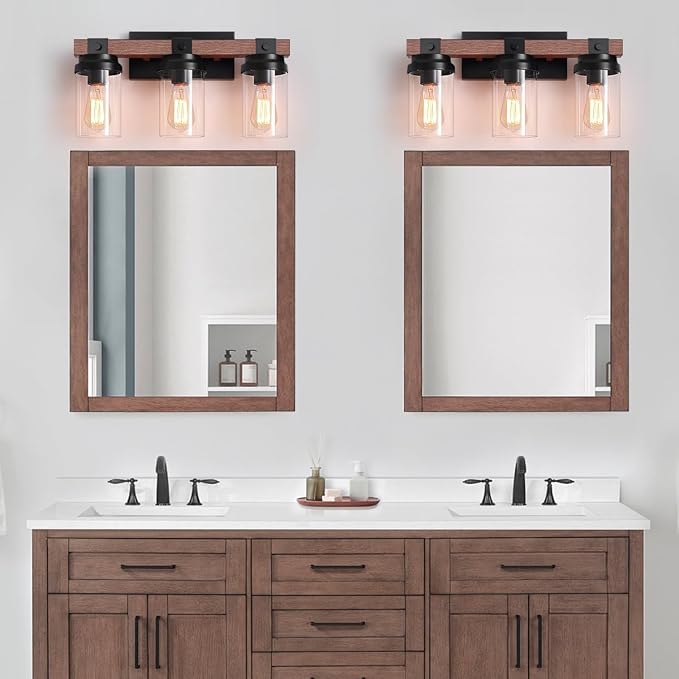 3-Light Farmhouse Vanity Lights Bathroom Lighting Fixtures Over Mirror | Faux Wood Rustic Wall Mount Light with Clear Glass Shade,Industrial Black Metal Wall Sconces for Bathroom Living Room